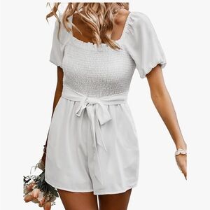 White Smocked Romper with Tie Waist